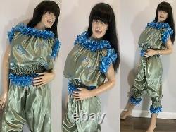 High Shine Silky Soft Satin Sissy Maid Vinyl Text 3/4 Romper/Play Suit SAGE