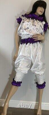 High Shine Silky Soft Satin Sissy Maid Vinyl Text 3/4 Romper/Play Suit WHITE