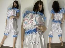 High Shine Silky Soft Satin, Sissy Maid Vinyl Text 3/4 Romper/Play Suit White