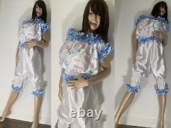 High Shine Silky Soft Satin, Sissy Maid Vinyl Text 3/4 Romper/Play Suit White