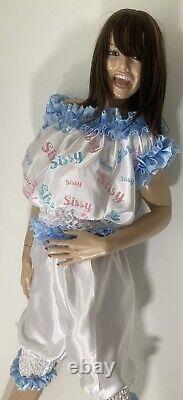 High Shine Silky Soft Satin, Sissy Maid Vinyl Text 3/4 Romper/Play Suit White