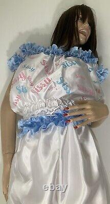 High Shine Silky Soft Satin, Sissy Maid Vinyl Text 3/4 Romper/Play Suit White