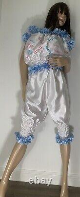 High Shine Silky Soft Satin, Sissy Maid Vinyl Text 3/4 Romper/Play Suit White