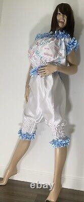 High Shine Silky Soft Satin, Sissy Maid Vinyl Text 3/4 Romper/Play Suit White