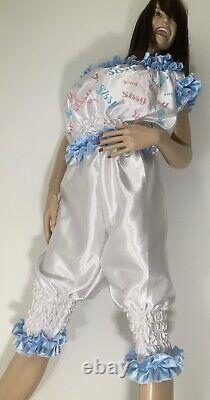 High Shine Silky Soft Satin, Sissy Maid Vinyl Text 3/4 Romper/Play Suit White