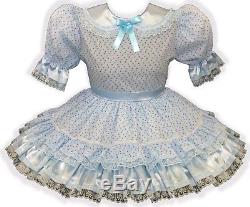 Karen CUSTOM FIT Blue Satin Rosebuds Ruffles Adult Baby Sissy Dress LEANNE