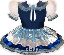 Kristan Custom Fit BLUE & WHITE SATIN Adult LG Baby Sissy Dress LEANNE