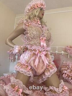 LUXURY ROSE GOLD SATIN LACE ORGANZA SISSY ADULT BABY DOLL FULL CUT PANTIES Lined
