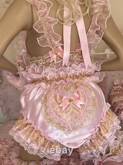 LUXURY ROSE GOLD SATIN LACE ORGANZA SISSY ADULT BABY DOLL FULL CUT PANTIES Lined