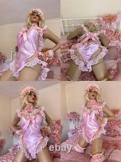 LUXURY ROSE GOLD SILKY SATIN LACE SISSY ADULT BABY ALL in 1 PANTIES ROMPER BODY