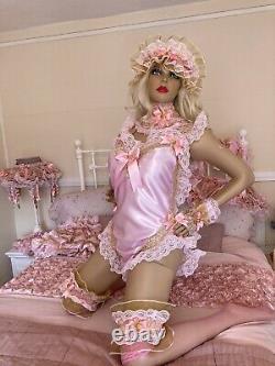 LUXURY ROSE GOLD SILKY SATIN LACE SISSY ADULT BABY ALL in 1 PANTIES ROMPER BODY