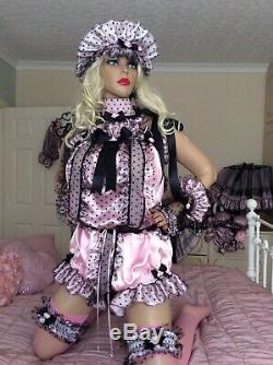 LUXURY SATIN POLKA FRILL SISSY MAID ADULT BABY ALL in ONE ROMPER PANTIES lined