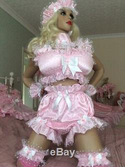 LUXURY SILKY SATIN PINK POLKA LACE SISSY MAID ADULT BABY FULL CUT PANTIES Lined