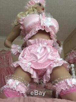 LUXURY SILKY SATIN PINK POLKA LACE SISSY MAID ADULT BABY FULL CUT PANTIES Lined