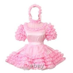 Lockable baby Sissy Maid Satin Pink Puffy Dress Cosplay Costume Tailor-made set