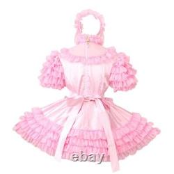 Lockable baby Sissy Maid Satin Pink Puffy Dress Cosplay Costume Tailor-made set