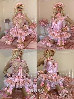 Luxury Rose Gold Satin Lace Organza Sissy Maid Adult Baby 8 Strap Suspender Belt