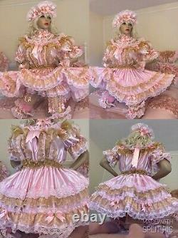 Luxury Rose Gold Silky Satin Organza Lace Sissy Adult Baby Doll Crinoline Dress
