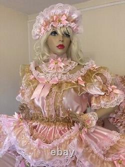 Luxury Rose Gold Silky Satin Organza Lace Sissy Adult Baby Doll Crinoline Dress