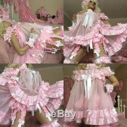 Luxury Sheer Pink Nylon Satin Polka Sissy Maid Adult Baby Doll Dress Negligee