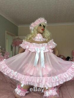 Luxury Sheer Pink Nylon Satin Polka Sissy Maid Adult Baby Doll Dress Negligee