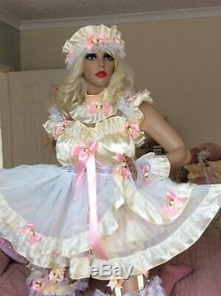 Luxury Silky Satin Frilly Lace Sissy Maid Adult Baby Doll 2 Tier Chiffon Dress