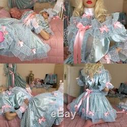 Luxury Silky Satin Frilly Lace Sissy Maid Adult Baby Doll Puff Sleeve Dress Slip