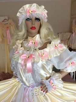 Luxury Silky Satin Frilly Lace Sissy Maid Adult Baby Doll Puff Sleeve Dress Slip