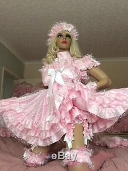Luxury Silky Satin Polka Lace Sissy Maid Adult Baby Doll 2 Tier Frilly Dress