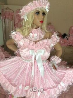 Luxury Silky Satin Polka Lace Sissy Maid Adult Baby Doll 2 Tier Frilly Dress