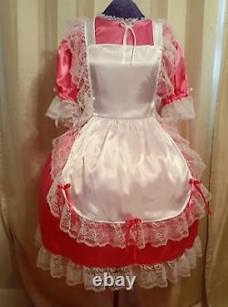 Maid Hot Pink Satin Sissy Lolita Adult Baby Dress Costume Aunt D