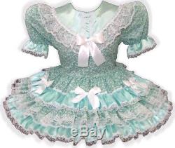 Monica CUSTOM FIT Lacy Mint Green Satin Roses Adult Baby Sissy Dress LEANNE