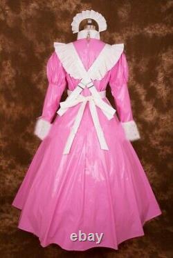 NEW Adult baby Sissy maid pink pvc dress lockable Uniform cosplay