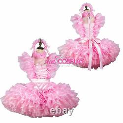 Pink satin lockable Sissy baby maid mini dress cosplay costume Tailor-made