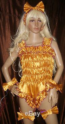 Prissy Sissy Maid Adult Baby Gold Elasticated All in one Teddy Play Suit