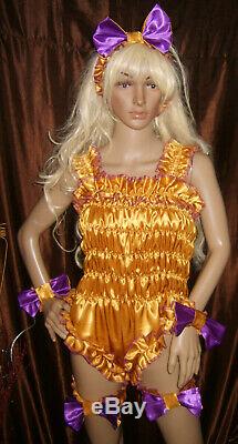 Prissy Sissy Maid Adult Baby Gold Elasticated All in one Teddy Play Suit