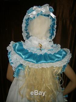 Prissy Sissy Maid Adult Baby Turuoise & White Lockable Mincing Slave Hood