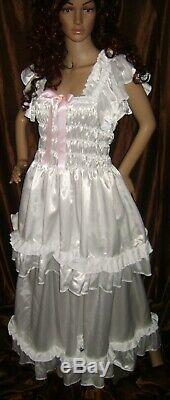 Prissy Sissy Maid Adult Baby White Faux Satin Elegant Full Length Negligee