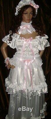 Prissy Sissy Maid Adult Baby White Faux Satin Elegant Full Length Negligee