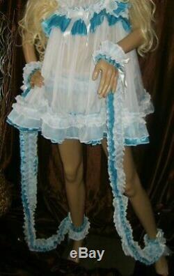 Prissy Sissy Maid Adult Turquoise & White Frilly Mincing Ribbons