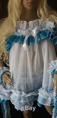 Prissy Sissy Maid Adult Turquoise & White Frilly Mincing Ribbons
