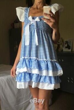 SALE All sizes £50 Adult Baby Sissy ABDL BLUE pink gingham frilly dress cosplay
