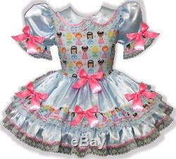 Sakira CUSTOM FIT Blue Satin Princess PINK BOWS Adult Baby Sissy Dress LEANNE