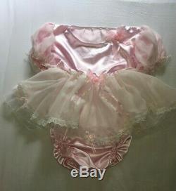 Sale ALL Sizes £60 ABDL Adult Baby Sissy Short Romper Dress Pink Satin Chiffon