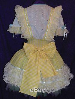 Schoolgirl Yellow Lacy Gingham Sissy Lolita Adult Baby Dress Aunt D