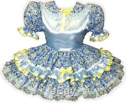 Shayla CUSTOM FIT Blue SATIN Flowers Yellow Bows Adult Baby Sissy Dress LEANNE
