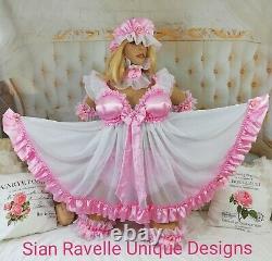 Sian Ravelle LUXURY Pink Satin White Chiffon Sissy Maid Adult Baby Doll Dress