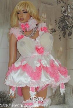 Sian Ravelle LUXURY White Pink Satin Frilly Adult Baby Doll Sissy Lolita Dress