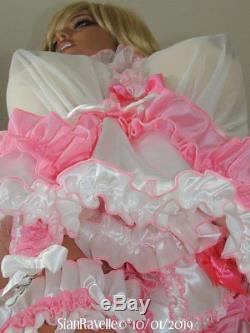 Sian Ravelle LUXURY White Pink Satin Frilly Adult Baby Doll Sissy Lolita Dress