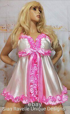 Sian Ravelle Luxury Cream Sissy Pink Satin Open Baby Doll Dress & Knickers Set